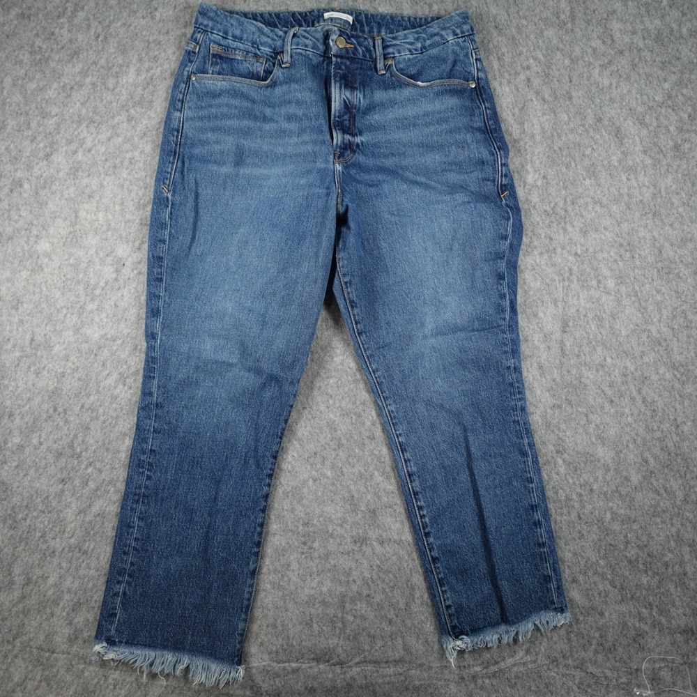 Good American Jeans Women 14/32 Blue Good Boy Straight Leg Raw Hem Fray‎